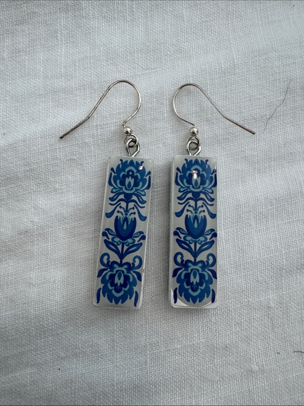 Blue Floral Delft Rectangular Drop Earrings - Women Jewelry